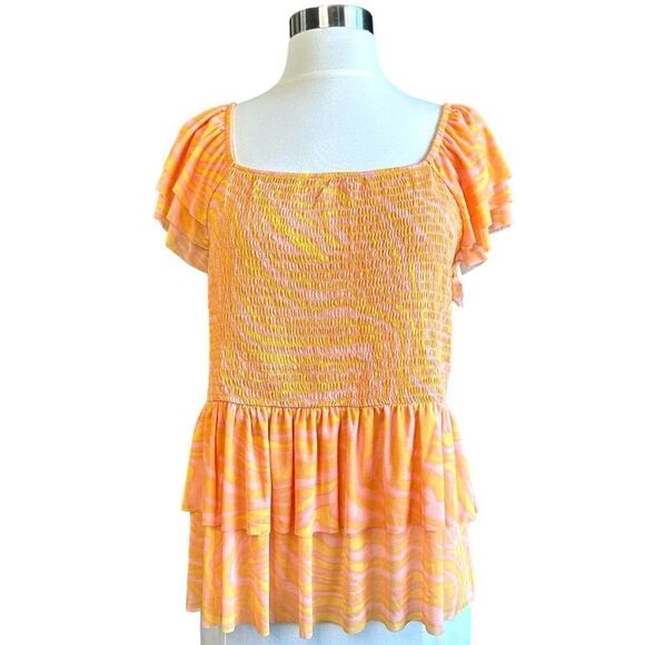 DR2 Smocked Tiered Peplum Short Sleeve Zebra Print Chiffon Ruffle Square Neck Bl - Picture 1 of 10